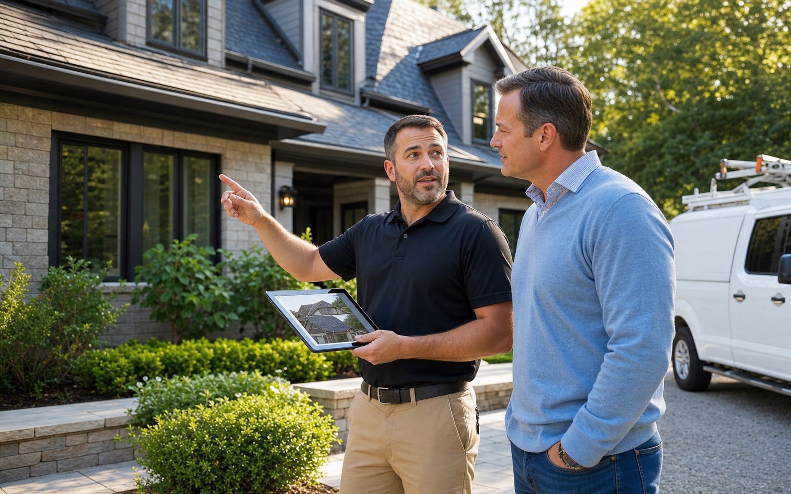 Local contractor walking a homeowner through an exterior project estimate.