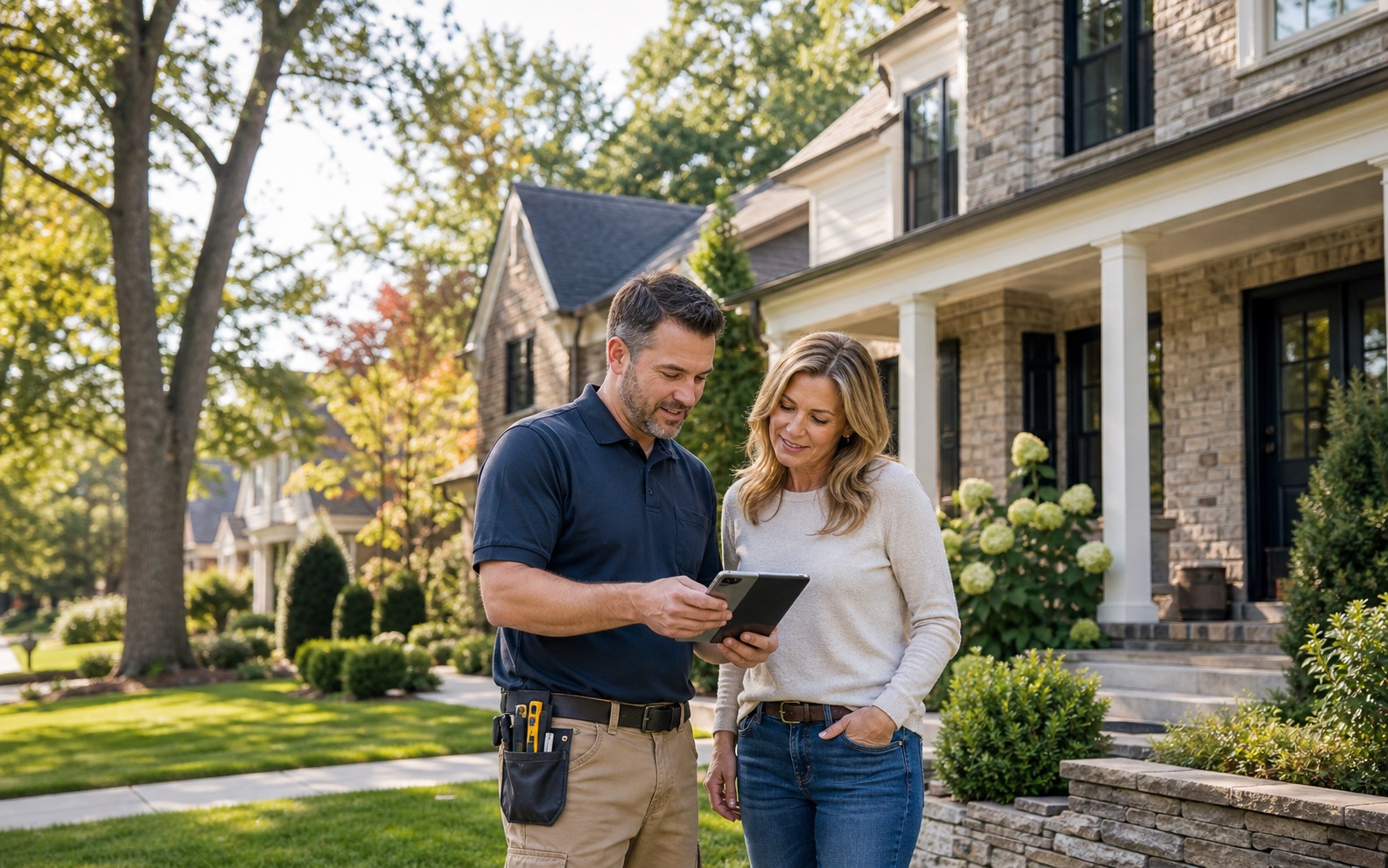 Local home-service pro reviewing project details with a homeowner outside a Potomac home.